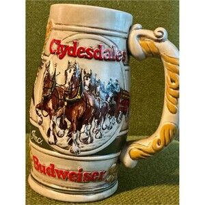 Budweiser Ceramic Stein with Red Lettering and Brown Clydesdales